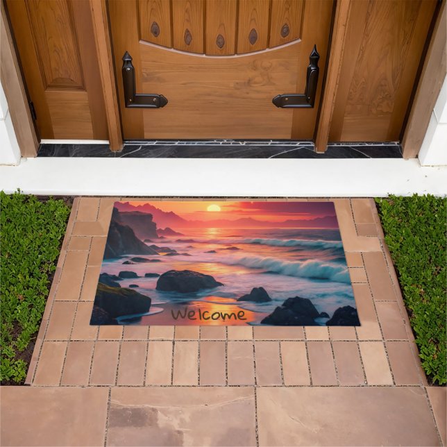 Custom Fiery Sunset Coastline – Ocean Cliffs Doormat (Outdoor)