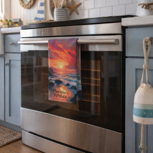 Custom Fiery Sunset Coastline – Ocean Cliffs Kitchen Towel