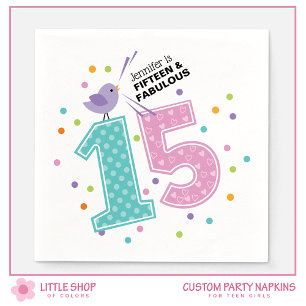 Custom Fifteen and Fabulous Pink Confetti Birthday Napkins