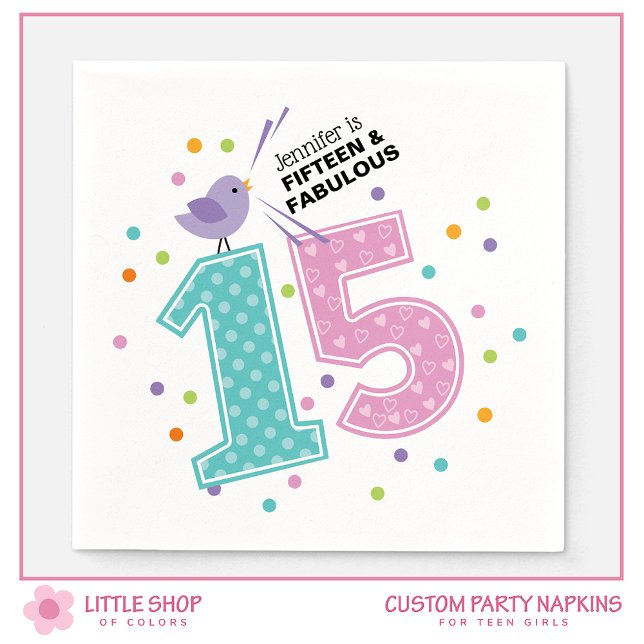Custom Fifteen and Fabulous Pink Confetti Birthday Napkins (Creator Uploaded)