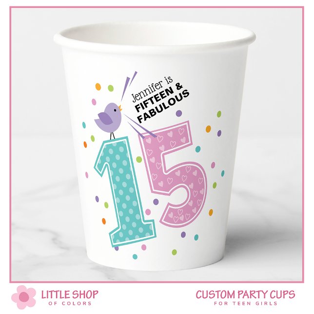 Custom Fifteen and Fabulous Pink Confetti Birthday Paper Cups (Creator Uploaded)