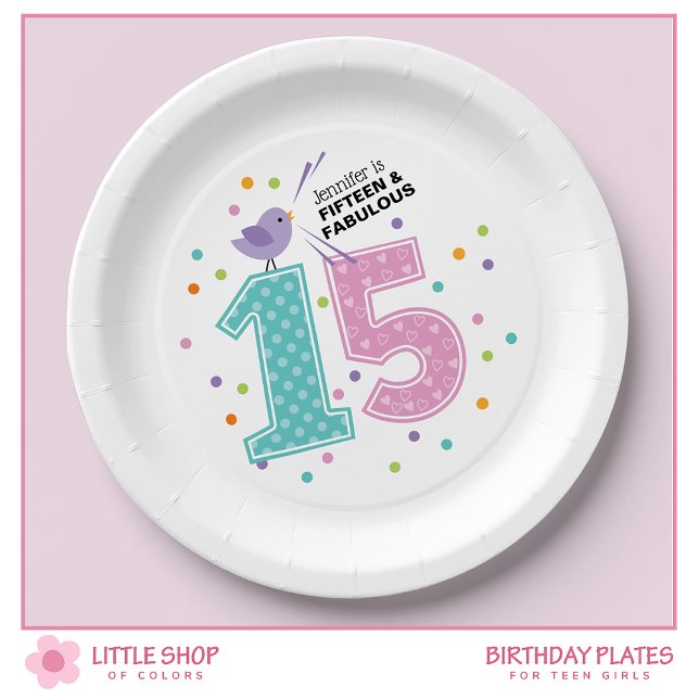 Custom Fifteen and Fabulous Pink Confetti Birthday Paper Plates (Creator Uploaded)