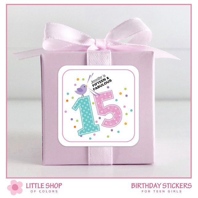 Custom Fifteen and Fabulous Pink Confetti Birthday Square Sticker (Creator Uploaded)