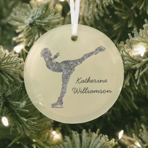 Custom Figure Skating Ice Skating Silver Shimmer Glass Ornament