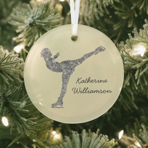 Custom Figure Skating Ice Skating Silver Shimmer Glass Ornament