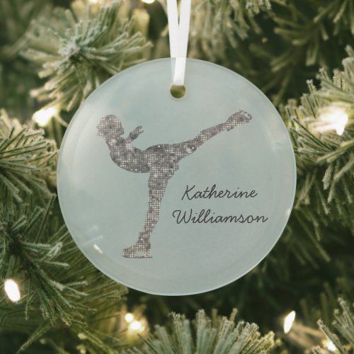 Custom Figure Skating Ice Skating Silver Shimmer Glass Ornament