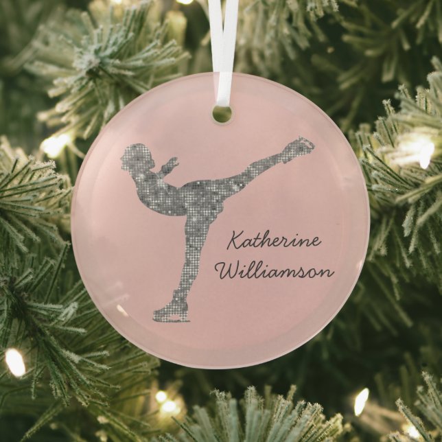 Custom Figure Skating Ice Skating Silver Shimmer Glass Ornament (Insitu)