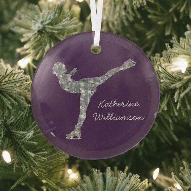 Custom Figure Skating Ice Skating Silver Shimmer Glass Ornament (Insitu)