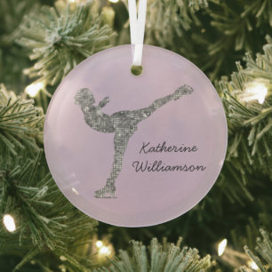 Custom Figure Skating Ice Skating Silver Shimmer Glass Ornament