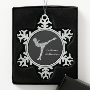 Custom Figure Skating Ice Skating Silver Shimmer Snowflake Pewter Christmas Ornament