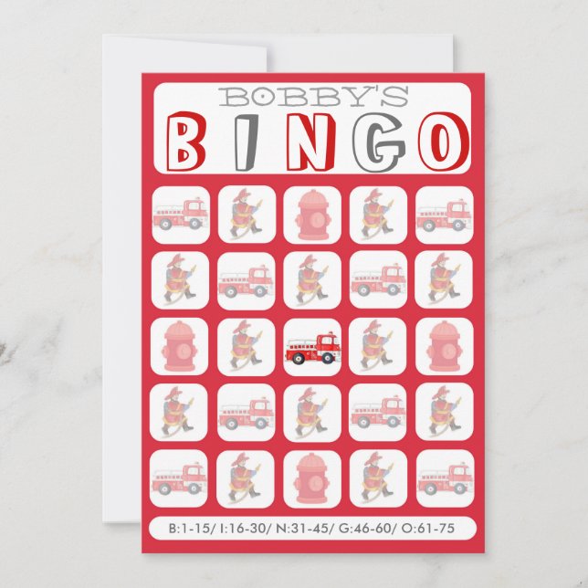 Custom fill it in firetruck bingo game card (Front)