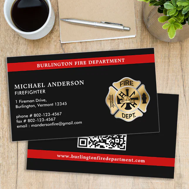 Custom Fire Department Logo QR Code Firefighter Business Card | Zazzle