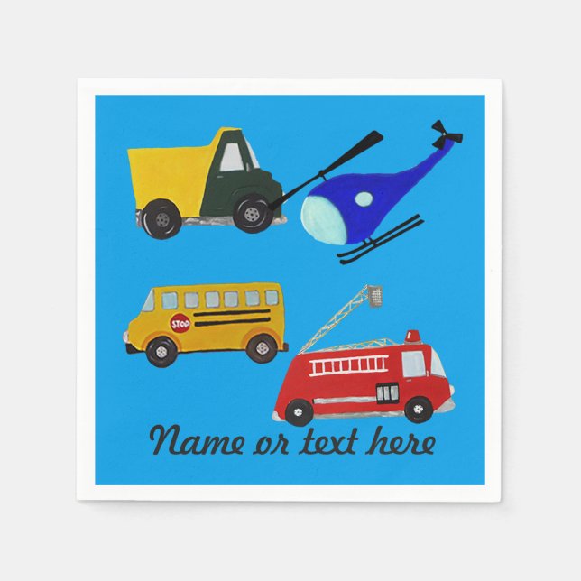 Custom fire, sand truck, school bus and helicopter paper napkins (Front)