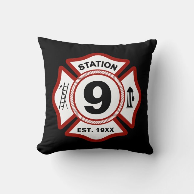 Custom Fire Station Number Maltese Cross Black Throw Pillow (Front)