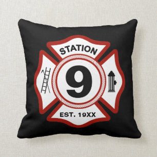 Custom Fire Station Number Maltese Cross Black Throw Pillow