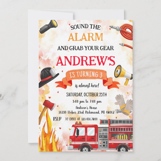 Custom Fire truck Birthday party Invitation (Front)
