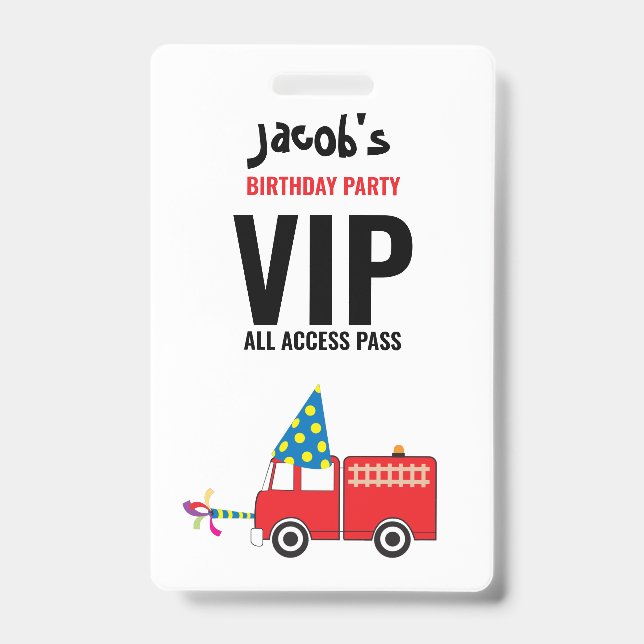 Custom Fire Truck Birthday Party Pass Favor  Badge (Front)