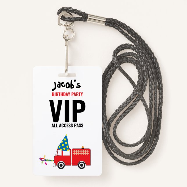 Custom Fire Truck Birthday Party Pass Favor  Badge (Front with Lanyard)