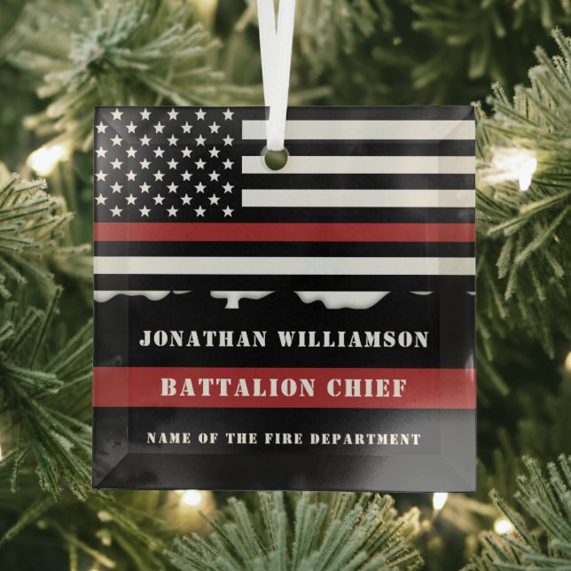 Custom Firefighter Appreciation Thin Red Line Flag Glass Ornament (Insitu)