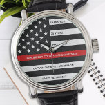 Custom Firefighter Fire Service Fireman Retirement Watch<br><div class="desc">Celebrate and show your appreciation to an outstanding Firefighter with this Thin Red Line Retirement or Anniversary Firefighter Watch - American flag design in Firefighter Flag colors in a modern black an red design . Perfect for fire service awards and Firefighter Retirement gifts and fireman retirement. Personalize this firefighters retirement...</div>