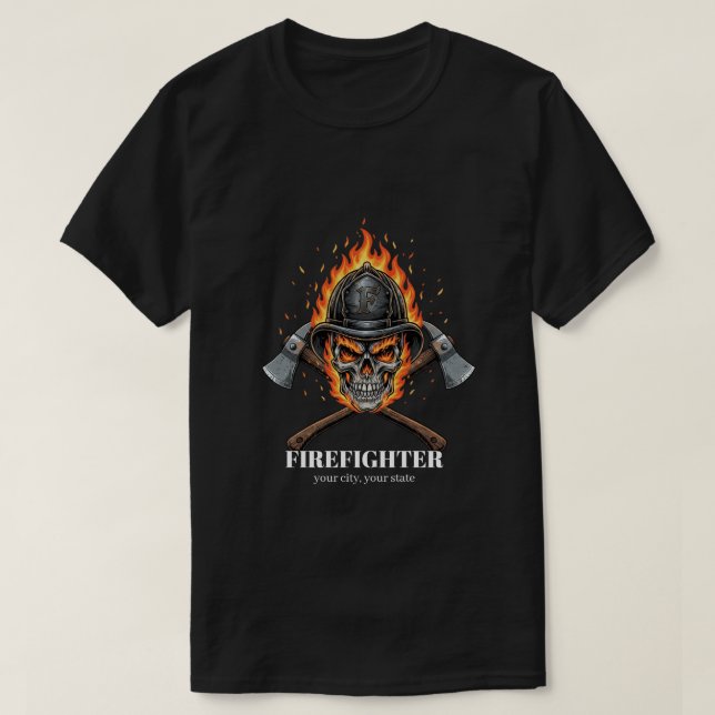 Custom Firefighter Flame Skull Inferno Crossed  T-Shirt (Design Front)