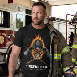 Custom Firefighter Flame Skull Inferno Crossed  T-Shirt