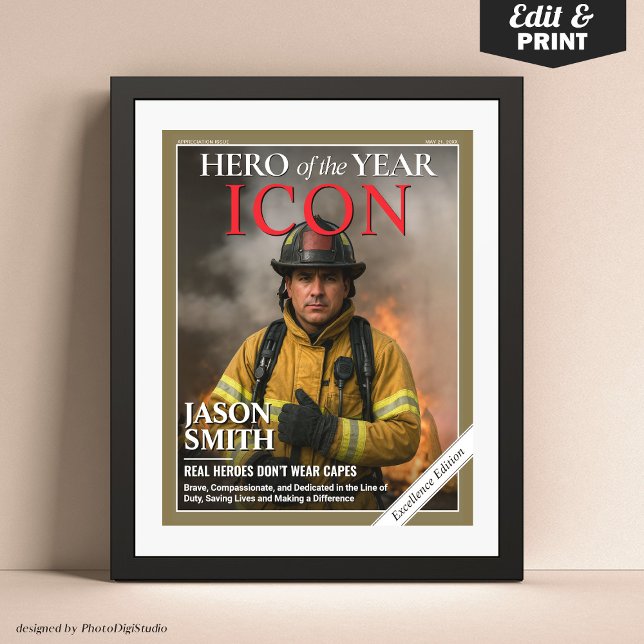 Custom Firefighter Gift Fireman Magazine Cover  Poster (First Responder Gift Idea, Firemen Policemen Paramedic Gift, Custom Magazine Cover Poster)