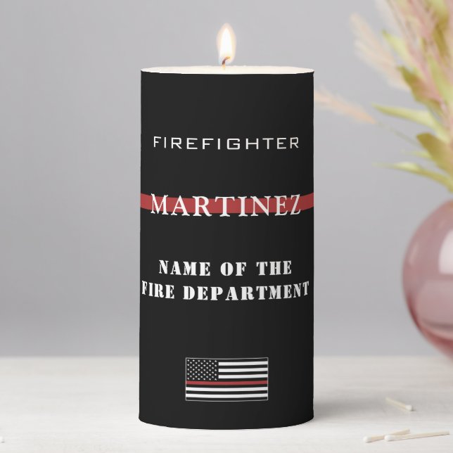 Custom Firefighter Thin Red Line Fire Department Pillar Candle (In Situ)