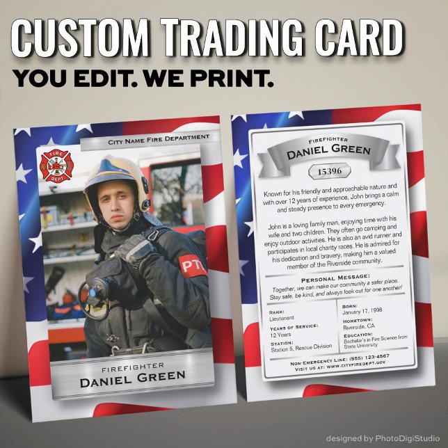 Custom Firefighter Trading Card, Fire Department Calling Card (Custom Fireman Trading Cards with USA Flag and Silver Elements)