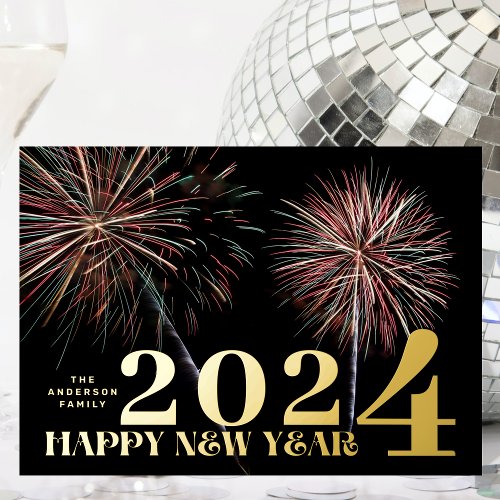 Custom Fireworks GOLD HAPPY NEW YEAR 2024 PHOTO Foil Holiday Card