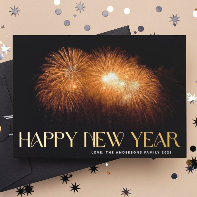 Custom Fireworks GOLD HAPPY NEW YEARs Photo Back Foil Holiday Card (Creator Uploaded)
