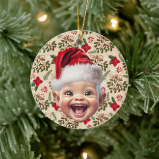 Custom First Baby Face Santa Hat Christmas Photo Ceramic Ornament