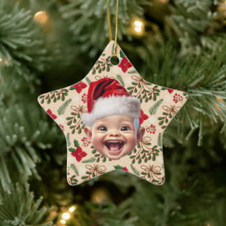 Custom First Baby Face Santa Hat Christmas Photo Ceramic Ornament
