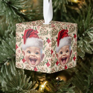 Custom First Baby Face Santa Hat Christmas Photo Cube Ornament