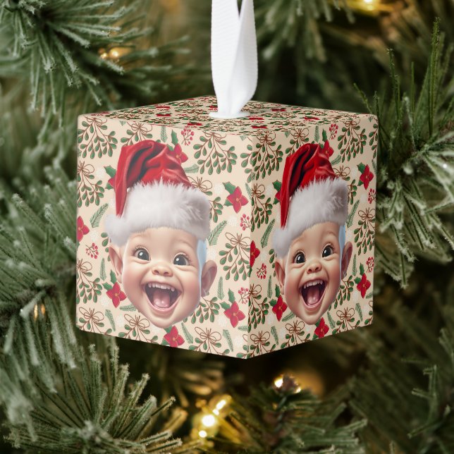 Custom First Baby Face Santa Hat Christmas Photo Cube Ornament (Tree)