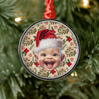 Custom First Baby Face Santa Hat Christmas Photo Metal Ornament
