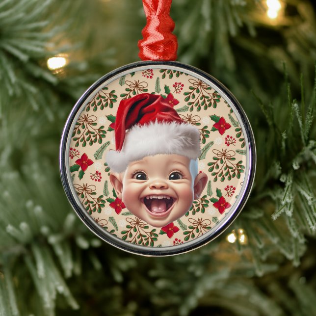 Custom First Baby Face Santa Hat Christmas Photo Metal Ornament (Tree)
