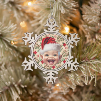 Custom First Baby Face Santa Hat Christmas Photo Snowflake Pewter Christmas Ornament