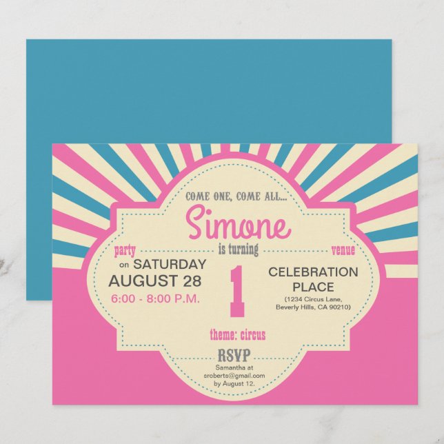 Custom, First birthday, Circus Themed, pink, blue Invitation (Front/Back)
