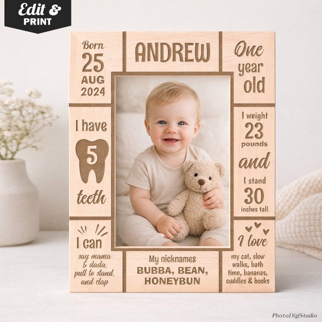 Custom First Birthday Milestone Baby Photo Wooden  Engraved Frames (Custom First Birthday Milestone Baby Photo Wooden Engraved Frames)