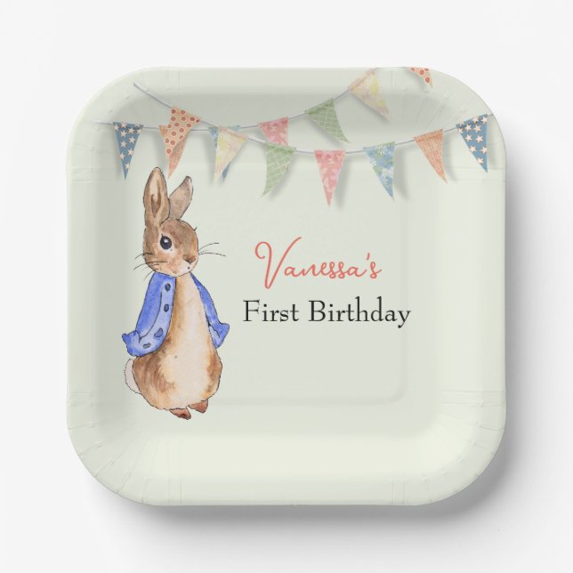 Custom First Birthday Peter the rabbit buntings Paper Plates (Front)
