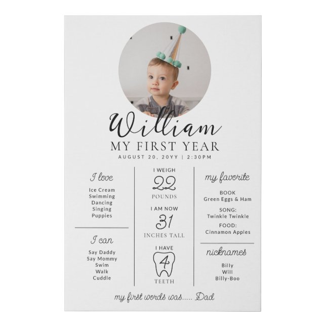 Custom First Birthday Photo Milestone Timeline Faux Canvas Print (Front)