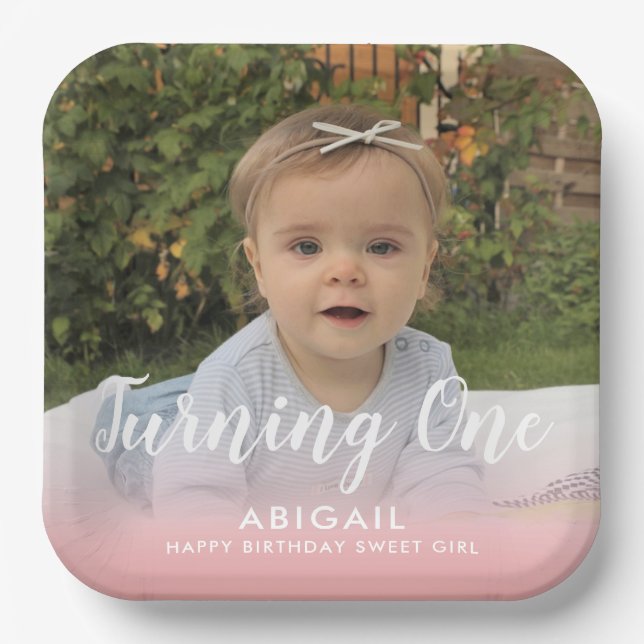 Custom First Birthday Photo Pink Paper Plates (Front)