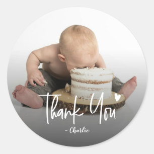Custom First Birthday Photo Script Thank You Classic Round Sticker