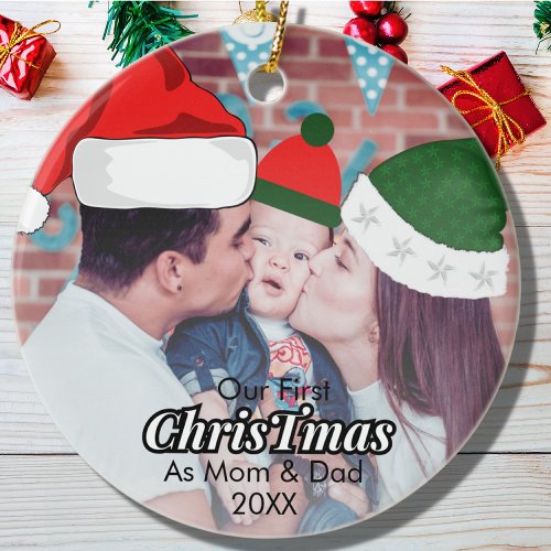 Custom First Christmas as Mom and Dad Baby Photo Ceramic Ornament