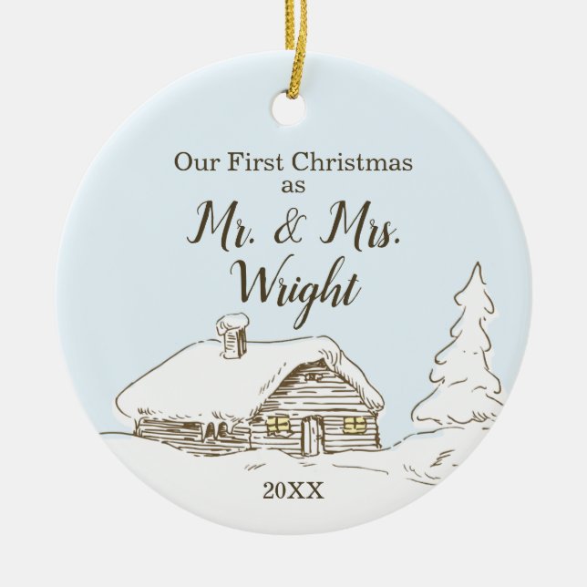 Custom First Christmas as Mr & Mrs Home Xmas Ceramic Ornament (Front)