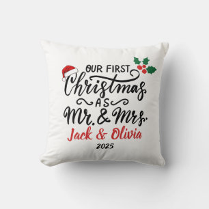 Custom First Christmas as Mr. & Mrs. Ornament Throw Pillow