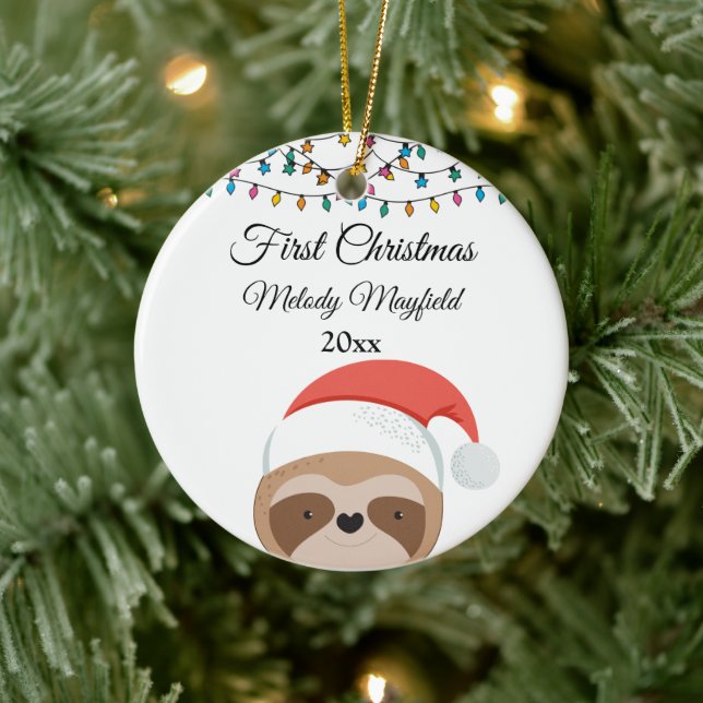 Custom First Christmas Baby Boy Girl Cute Sloths Ceramic Ornament (Tree)