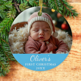 Custom First Christmas Baby Photo Blue Ceramic Ornament