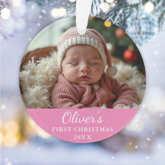 Custom First Christmas Baby Photo Dark Pink Ornament
